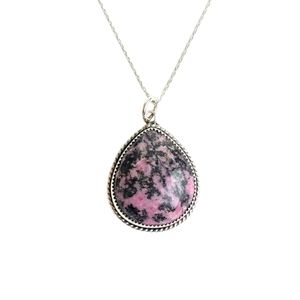 Rhodonite Necklace Jewelry Women Sterling Silver Crystal Stone Pink Black Gift